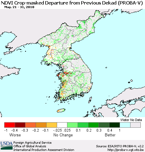 Korea NDVI Crop-masked Departure from Previous Dekad (PROBA-V) Thematic Map For 5/21/2018 - 5/31/2018