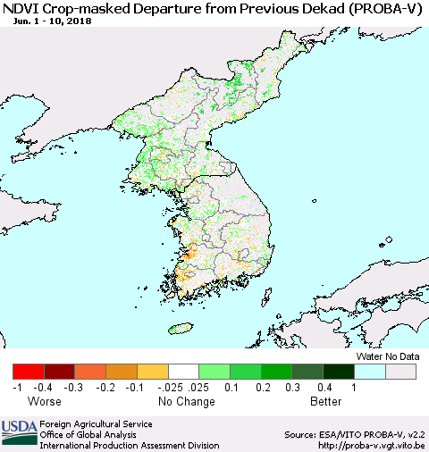 Korea NDVI Crop-masked Departure from Previous Dekad (PROBA-V) Thematic Map For 6/1/2018 - 6/10/2018