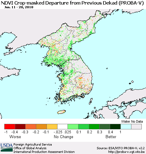 Korea NDVI Crop-masked Departure from Previous Dekad (PROBA-V) Thematic Map For 6/11/2018 - 6/20/2018