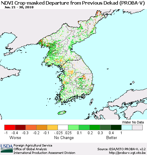 Korea NDVI Crop-masked Departure from Previous Dekad (PROBA-V) Thematic Map For 6/21/2018 - 6/30/2018