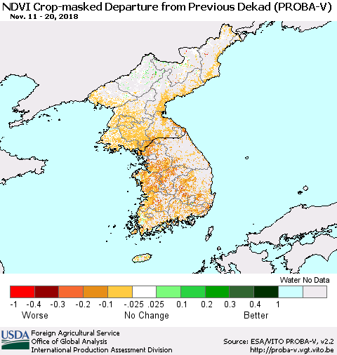 Korea NDVI Crop-masked Departure from Previous Dekad (PROBA-V) Thematic Map For 11/11/2018 - 11/20/2018