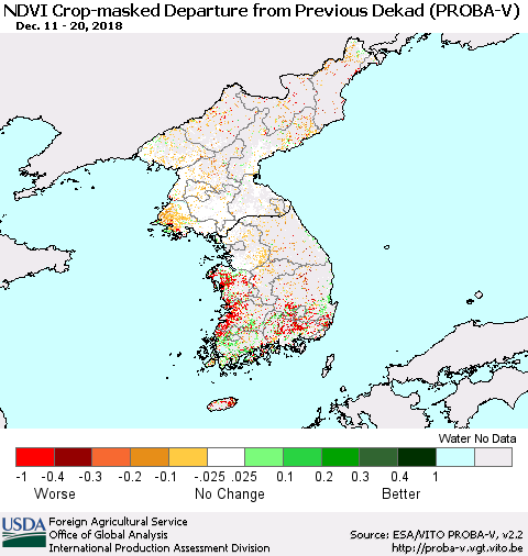 Korea NDVI Crop-masked Departure from Previous Dekad (PROBA-V) Thematic Map For 12/11/2018 - 12/20/2018