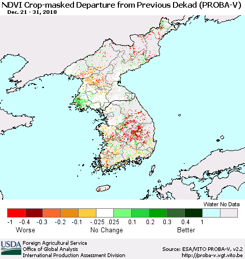 Korea NDVI Crop-masked Departure from Previous Dekad (PROBA-V) Thematic Map For 12/21/2018 - 12/31/2018