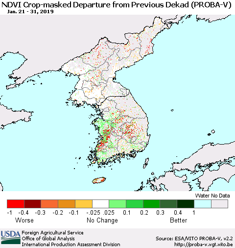 Korea NDVI Crop-masked Departure from Previous Dekad (PROBA-V) Thematic Map For 1/21/2019 - 1/31/2019