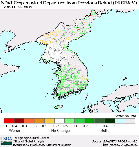 Korea NDVI Crop-masked Departure from Previous Dekad (PROBA-V) Thematic Map For 4/11/2019 - 4/20/2019