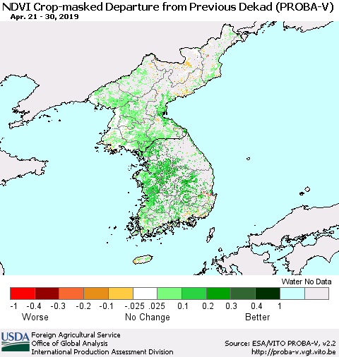 Korea NDVI Crop-masked Departure from Previous Dekad (PROBA-V) Thematic Map For 4/21/2019 - 4/30/2019