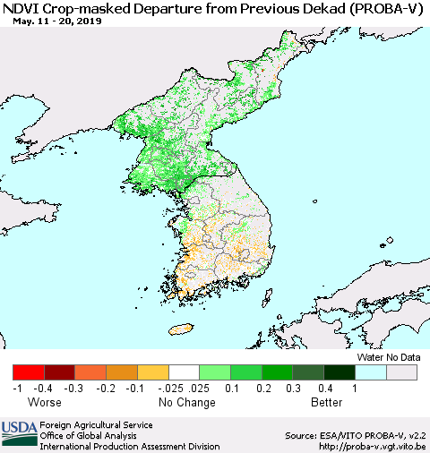 Korea NDVI Crop-masked Departure from Previous Dekad (PROBA-V) Thematic Map For 5/11/2019 - 5/20/2019