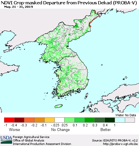 Korea NDVI Crop-masked Departure from Previous Dekad (PROBA-V) Thematic Map For 5/21/2019 - 5/31/2019