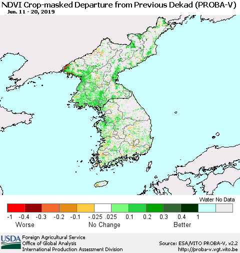 Korea NDVI Crop-masked Departure from Previous Dekad (PROBA-V) Thematic Map For 6/11/2019 - 6/20/2019
