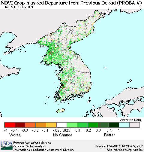 Korea NDVI Crop-masked Departure from Previous Dekad (PROBA-V) Thematic Map For 6/21/2019 - 6/30/2019