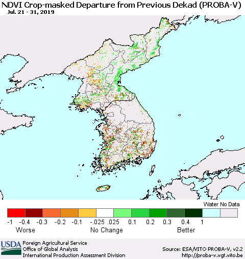 Korea NDVI Crop-masked Departure from Previous Dekad (PROBA-V) Thematic Map For 7/21/2019 - 7/31/2019