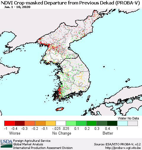 Korea NDVI Crop-masked Departure from Previous Dekad (PROBA-V) Thematic Map For 1/1/2020 - 1/10/2020