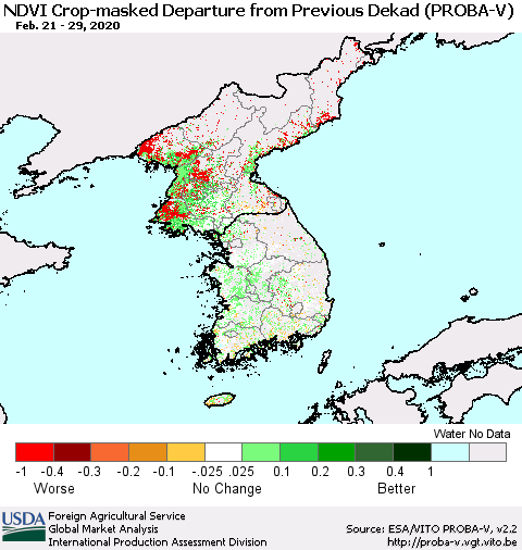 Korea NDVI Crop-masked Departure from Previous Dekad (PROBA-V) Thematic Map For 2/21/2020 - 2/29/2020