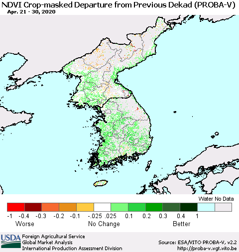 Korea NDVI Crop-masked Departure from Previous Dekad (PROBA-V) Thematic Map For 4/21/2020 - 4/30/2020
