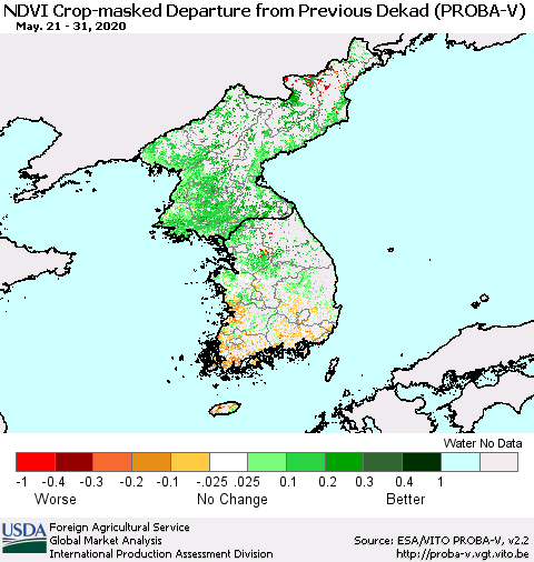Korea NDVI Crop-masked Departure from Previous Dekad (PROBA-V) Thematic Map For 5/21/2020 - 5/31/2020