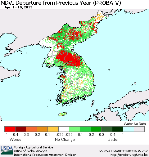 Korea NDVI Departure from Previous Year (PROBA-V) Thematic Map For 4/1/2019 - 4/10/2019