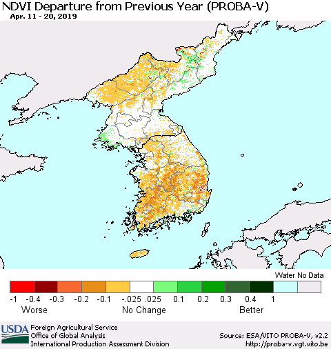 Korea NDVI Departure from Previous Year (PROBA-V) Thematic Map For 4/11/2019 - 4/20/2019