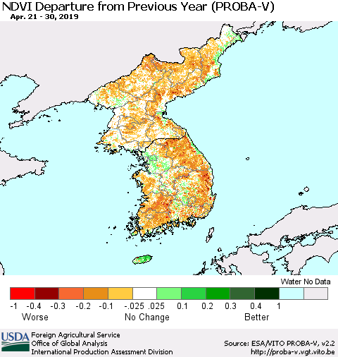 Korea NDVI Departure from Previous Year (PROBA-V) Thematic Map For 4/21/2019 - 4/30/2019