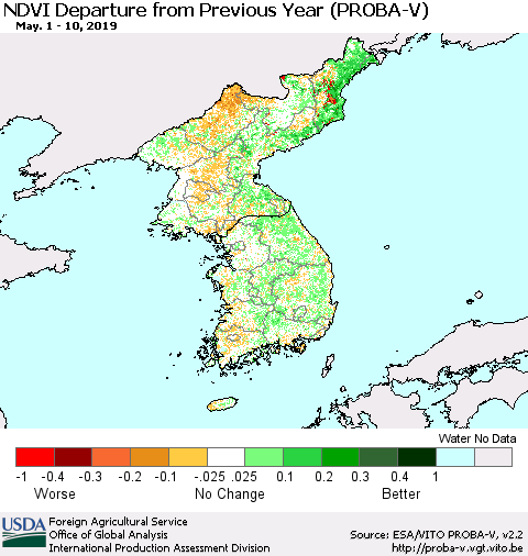 Korea NDVI Departure from Previous Year (PROBA-V) Thematic Map For 5/1/2019 - 5/10/2019