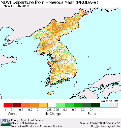 Korea NDVI Departure from Previous Year (PROBA-V) Thematic Map For 5/11/2019 - 5/20/2019
