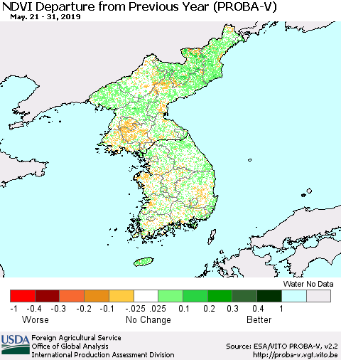 Korea NDVI Departure from Previous Year (PROBA-V) Thematic Map For 5/21/2019 - 5/31/2019