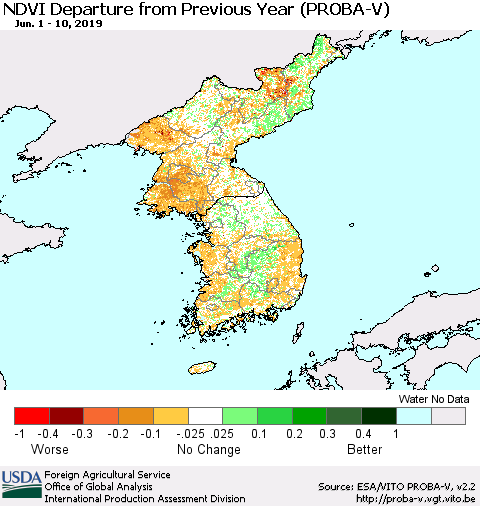 Korea NDVI Departure from Previous Year (PROBA-V) Thematic Map For 6/1/2019 - 6/10/2019