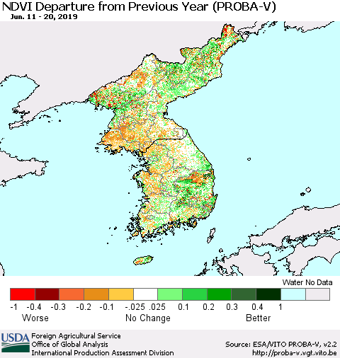 Korea NDVI Departure from Previous Year (PROBA-V) Thematic Map For 6/11/2019 - 6/20/2019