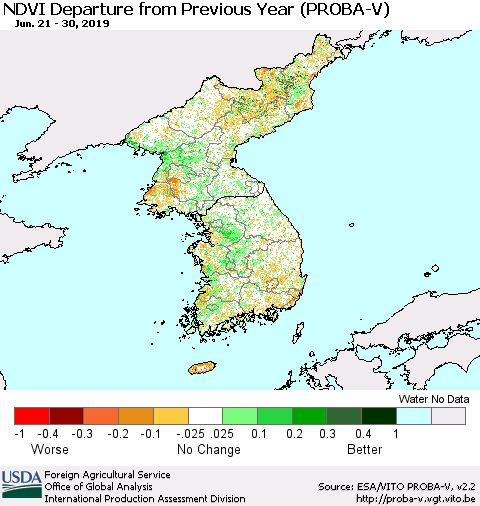 Korea NDVI Departure from Previous Year (PROBA-V) Thematic Map For 6/21/2019 - 6/30/2019