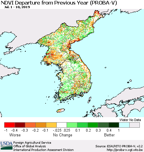 Korea NDVI Departure from Previous Year (PROBA-V) Thematic Map For 7/1/2019 - 7/10/2019