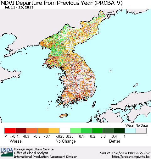 Korea NDVI Departure from Previous Year (PROBA-V) Thematic Map For 7/11/2019 - 7/20/2019