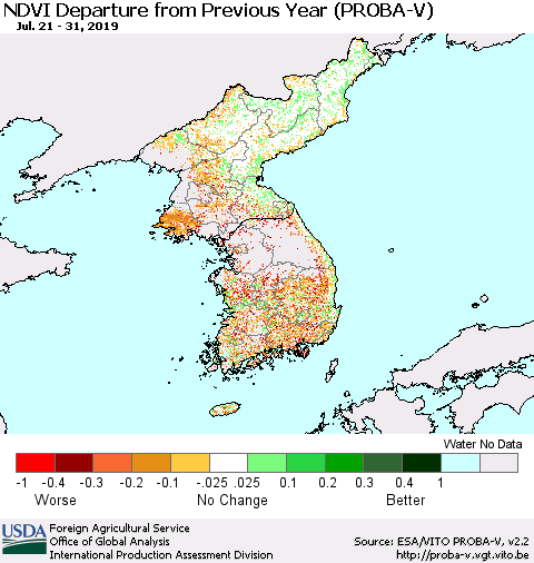 Korea NDVI Departure from Previous Year (PROBA-V) Thematic Map For 7/21/2019 - 7/31/2019