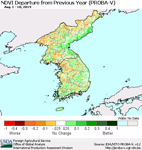 Korea NDVI Departure from Previous Year (PROBA-V) Thematic Map For 8/1/2019 - 8/10/2019
