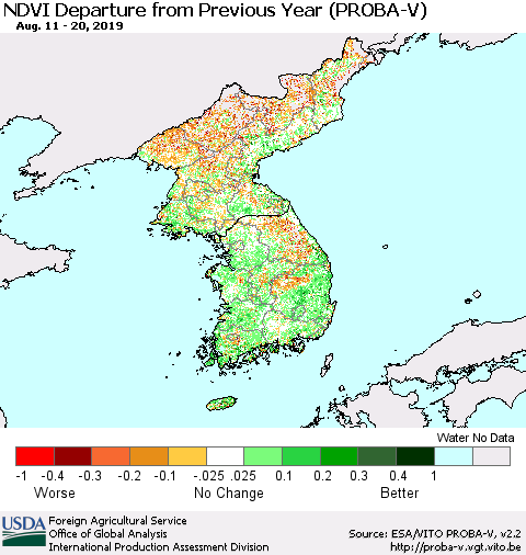Korea NDVI Departure from Previous Year (PROBA-V) Thematic Map For 8/11/2019 - 8/20/2019