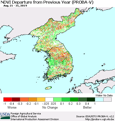 Korea NDVI Departure from Previous Year (PROBA-V) Thematic Map For 8/21/2019 - 8/31/2019