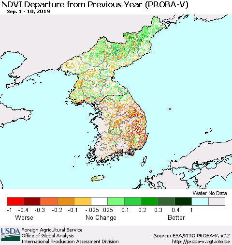 Korea NDVI Departure from Previous Year (PROBA-V) Thematic Map For 9/1/2019 - 9/10/2019