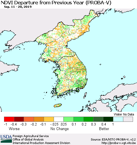 Korea NDVI Departure from Previous Year (PROBA-V) Thematic Map For 9/11/2019 - 9/20/2019