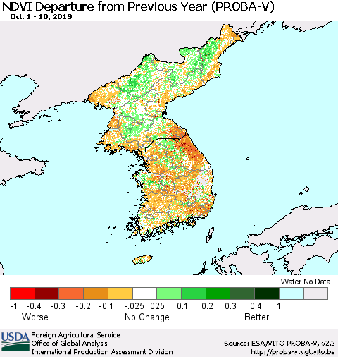 Korea NDVI Departure from Previous Year (PROBA-V) Thematic Map For 10/1/2019 - 10/10/2019