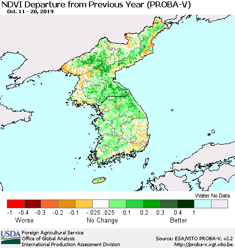 Korea NDVI Departure from Previous Year (PROBA-V) Thematic Map For 10/11/2019 - 10/20/2019
