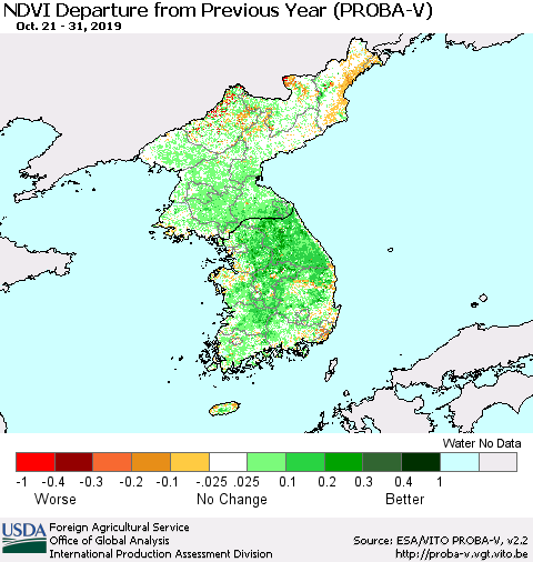Korea NDVI Departure from Previous Year (PROBA-V) Thematic Map For 10/21/2019 - 10/31/2019