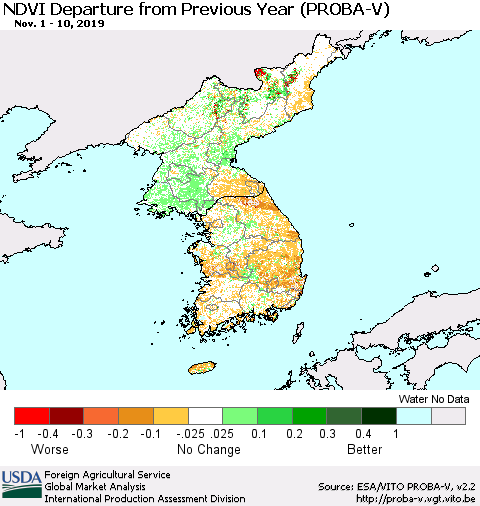 Korea NDVI Departure from Previous Year (PROBA-V) Thematic Map For 11/1/2019 - 11/10/2019