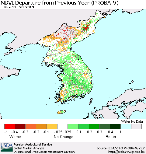 Korea NDVI Departure from Previous Year (PROBA-V) Thematic Map For 11/11/2019 - 11/20/2019