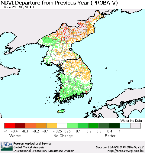 Korea NDVI Departure from Previous Year (PROBA-V) Thematic Map For 11/21/2019 - 11/30/2019