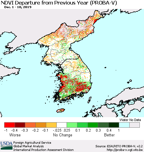 Korea NDVI Departure from Previous Year (PROBA-V) Thematic Map For 12/1/2019 - 12/10/2019
