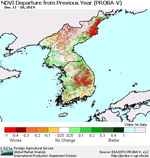Korea NDVI Departure from Previous Year (PROBA-V) Thematic Map For 12/11/2019 - 12/20/2019