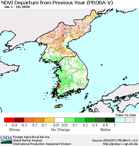 Korea NDVI Departure from Previous Year (PROBA-V) Thematic Map For 1/1/2020 - 1/10/2020