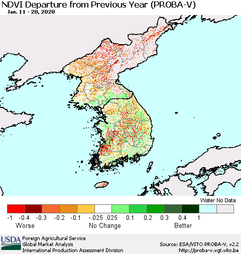Korea NDVI Departure from Previous Year (PROBA-V) Thematic Map For 1/11/2020 - 1/20/2020