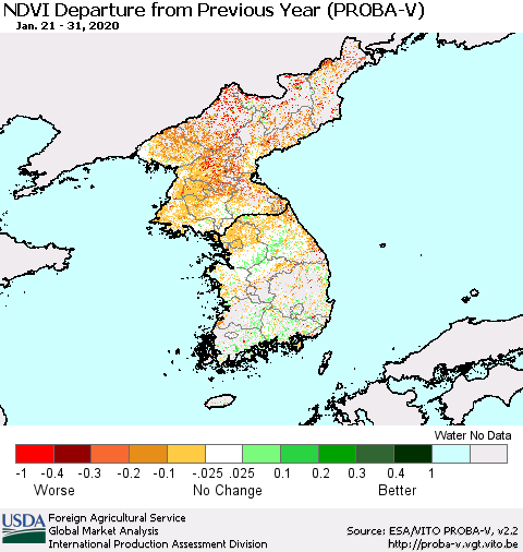 Korea NDVI Departure from Previous Year (PROBA-V) Thematic Map For 1/21/2020 - 1/31/2020