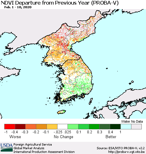 Korea NDVI Departure from Previous Year (PROBA-V) Thematic Map For 2/1/2020 - 2/10/2020