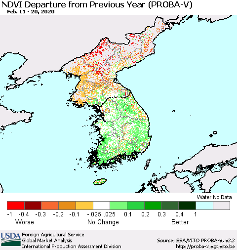 Korea NDVI Departure from Previous Year (PROBA-V) Thematic Map For 2/11/2020 - 2/20/2020