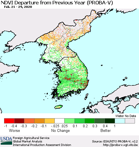 Korea NDVI Departure from Previous Year (PROBA-V) Thematic Map For 2/21/2020 - 2/29/2020